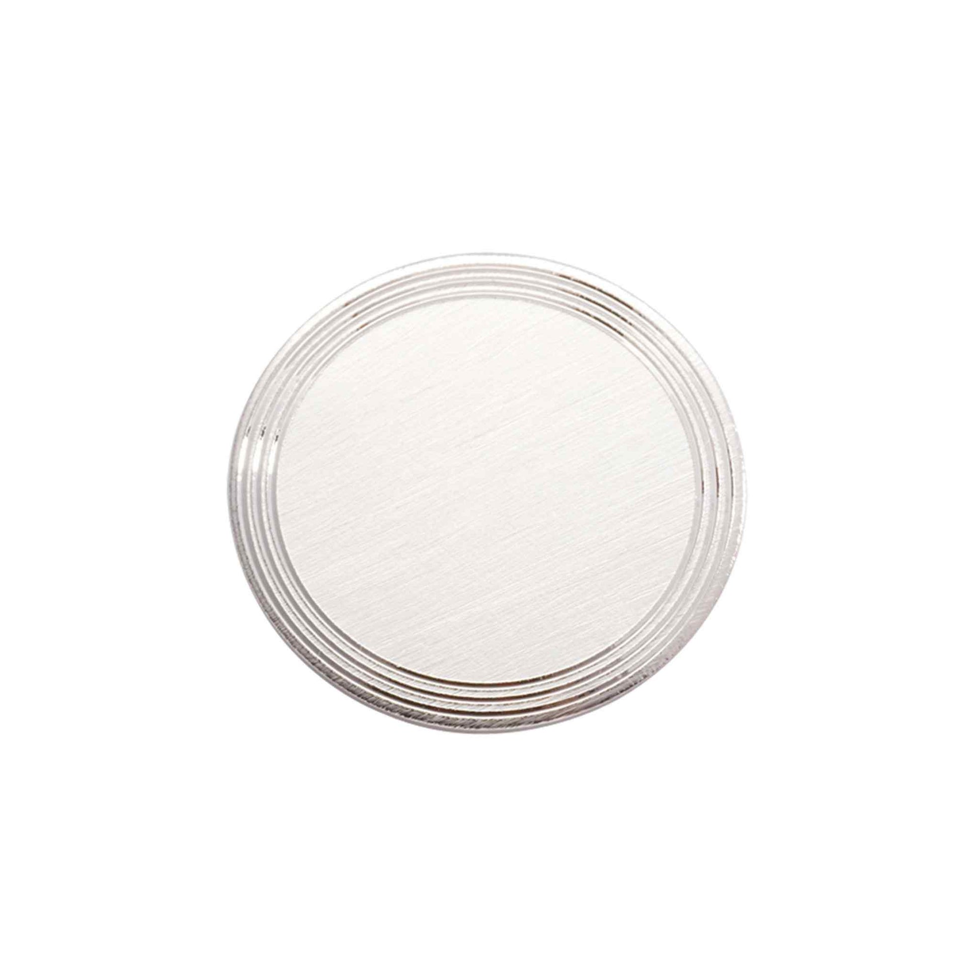 A round florentine finish pin with three ring edge displayed on a neutral white background.