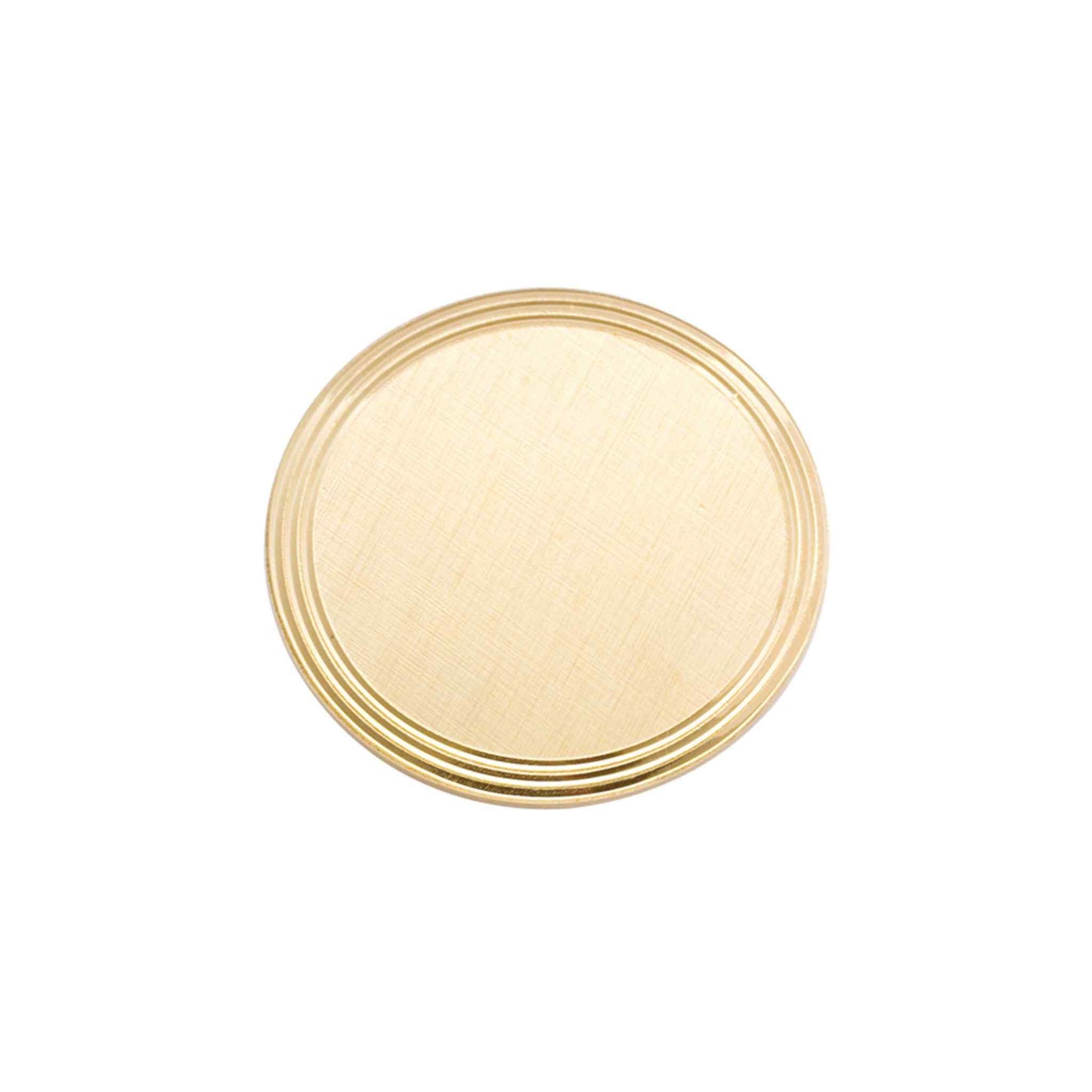 A round florentine finish pin with three ring edge displayed on a neutral white background.