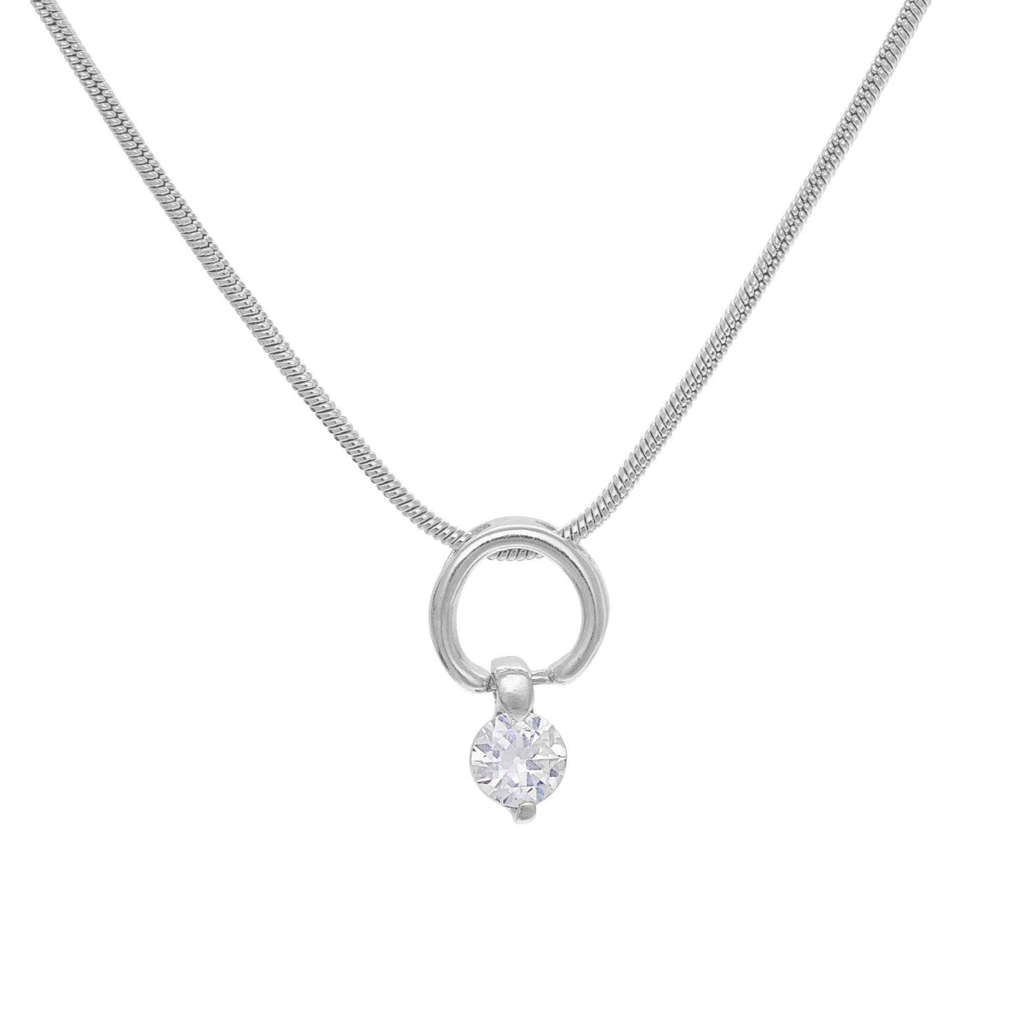 A round necklace with hanging round simulated diamond displayed on a neutral white background.