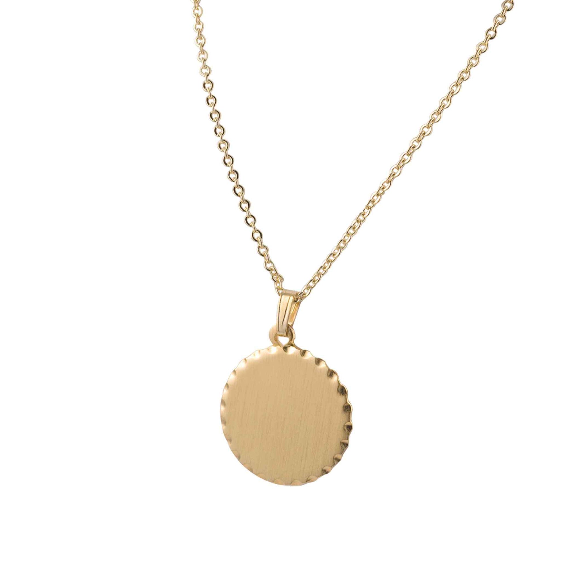 A round necklace with scalloped edge displayed on a neutral white background.