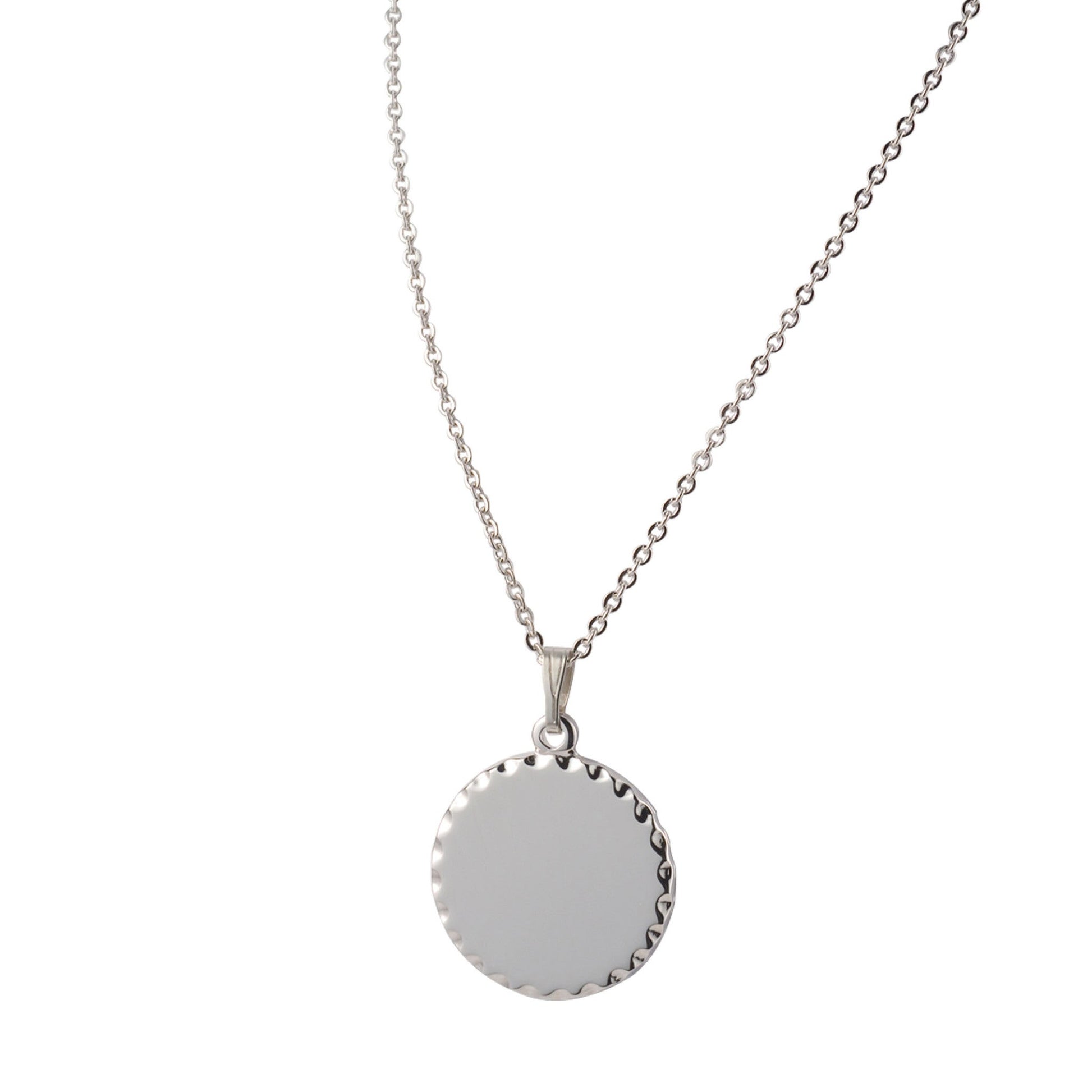 A round necklace with scalloped edge displayed on a neutral white background.