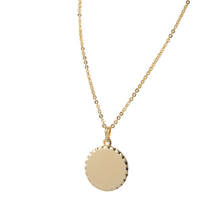 A round necklace with scalloped edge displayed on a neutral white background.