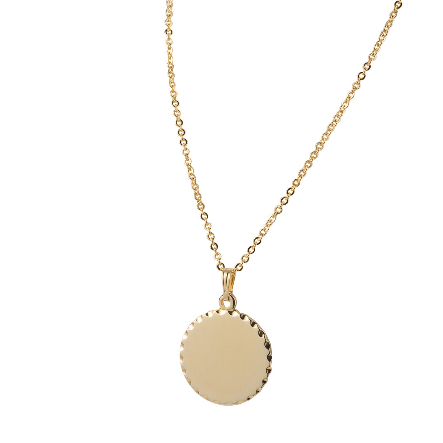 A round necklace with scalloped edge displayed on a neutral white background.