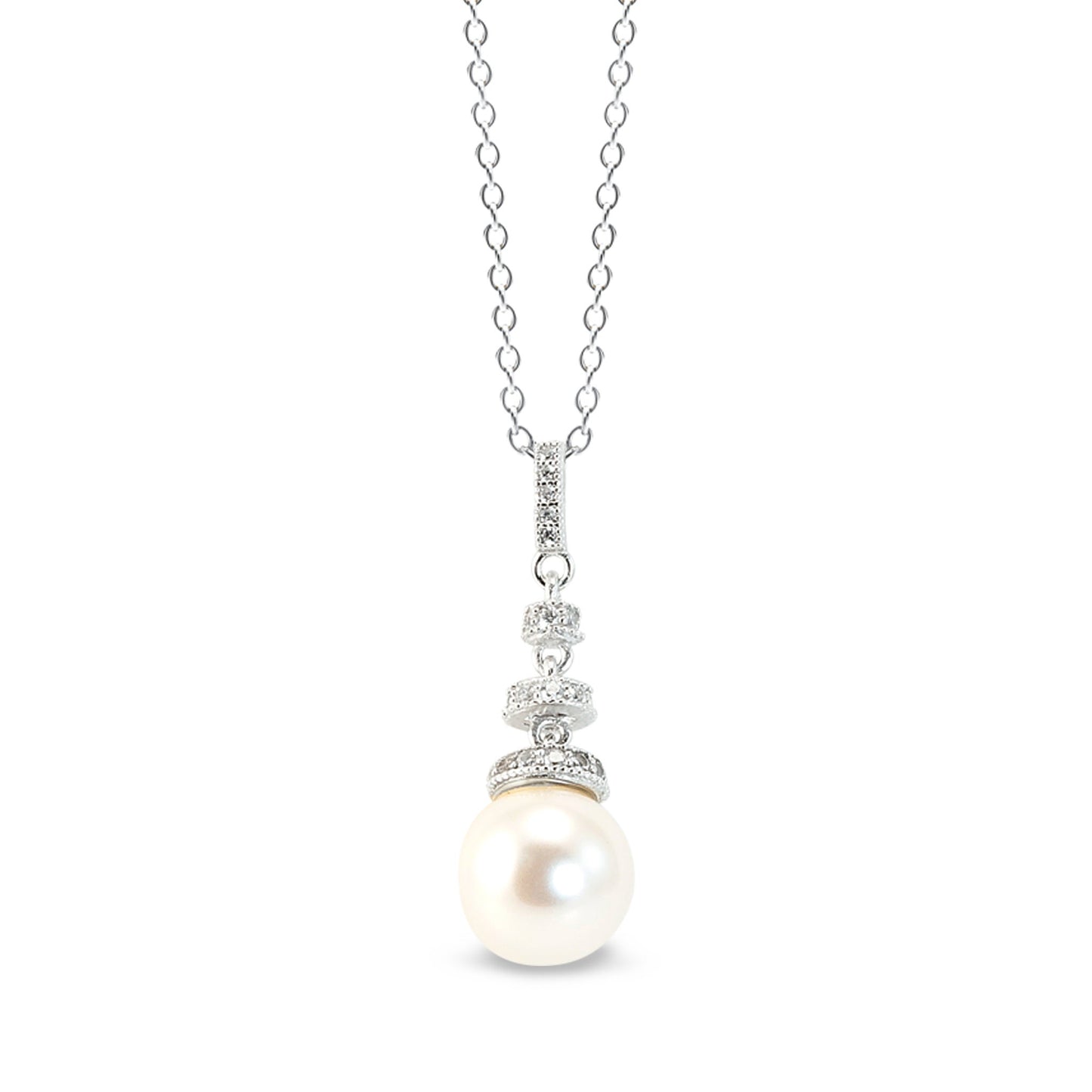 A round pearl drop pendant with simulated diamonds displayed on a neutral white background.