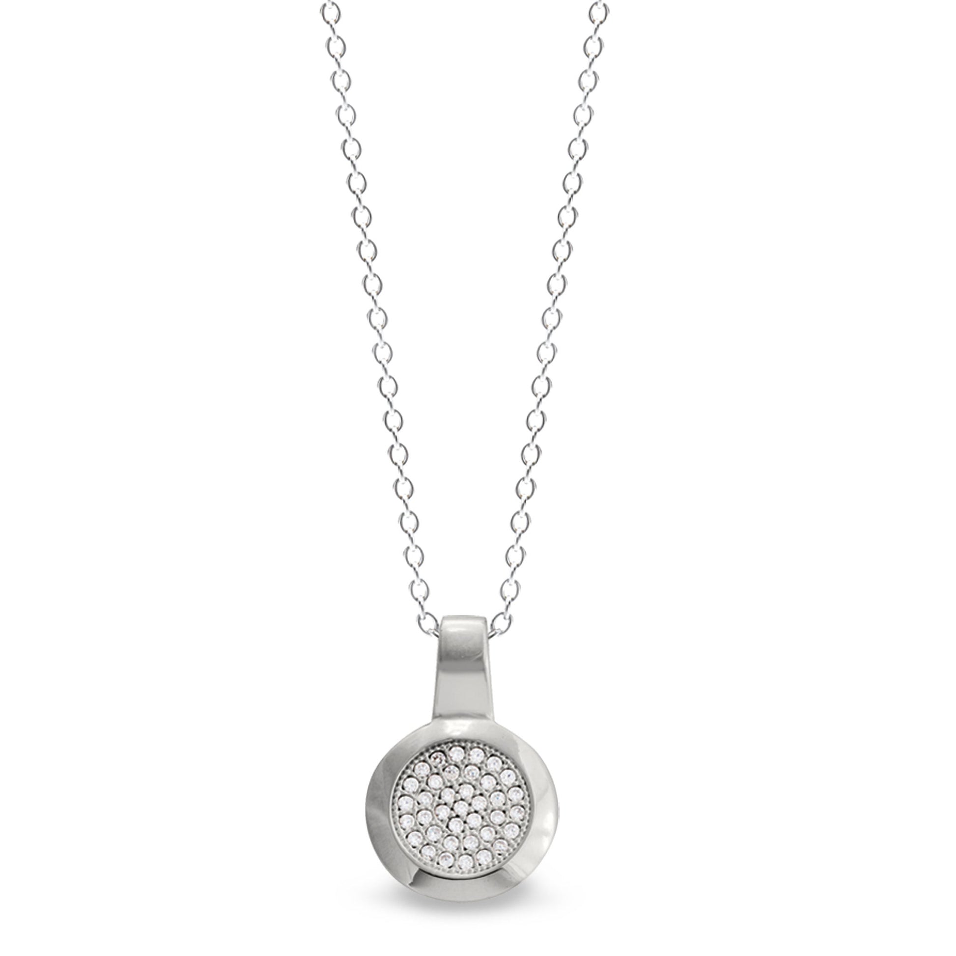 A round pendant with 37 simulated diamonds displayed on a neutral white background.