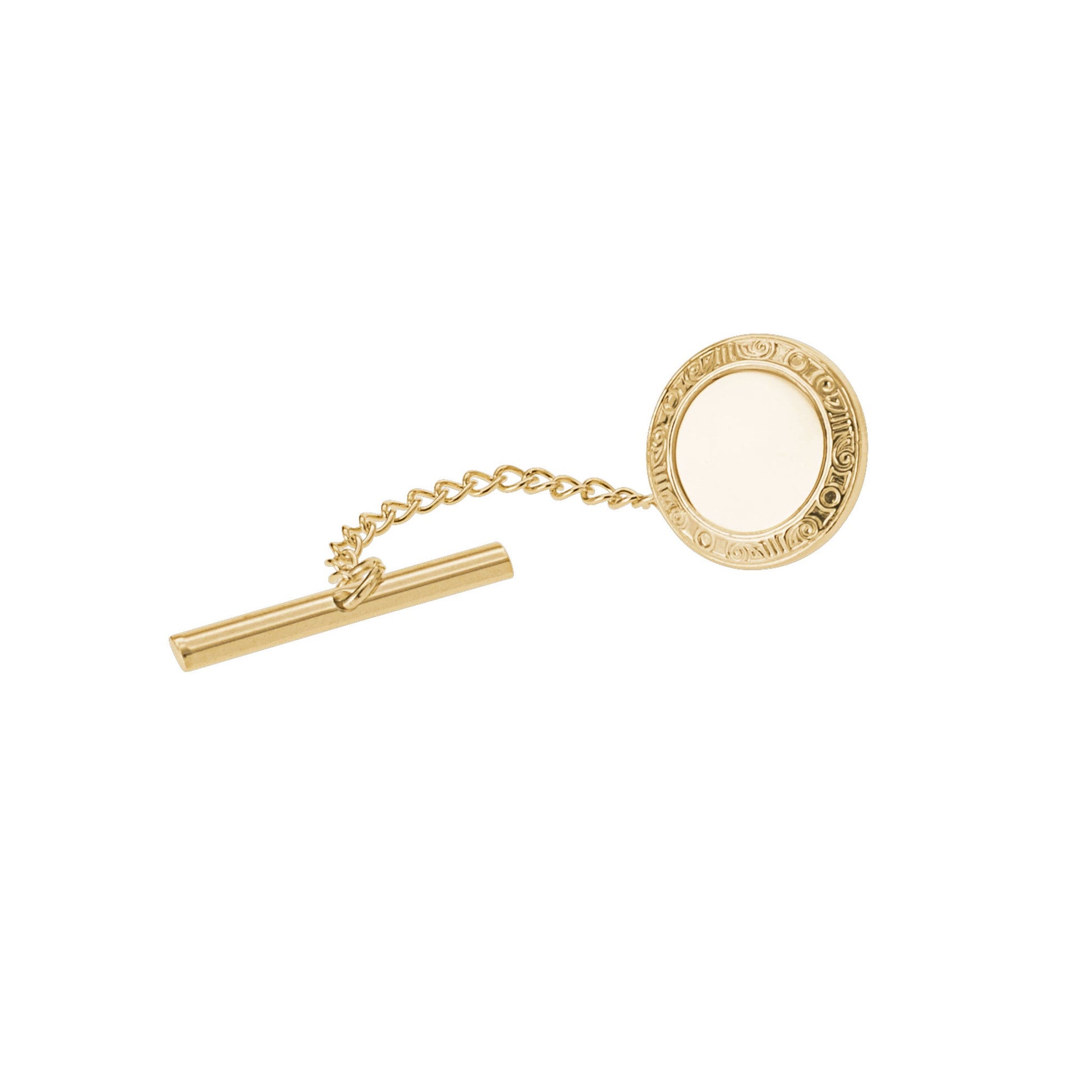 A round tie tack with filigree edge displayed on a neutral white background.