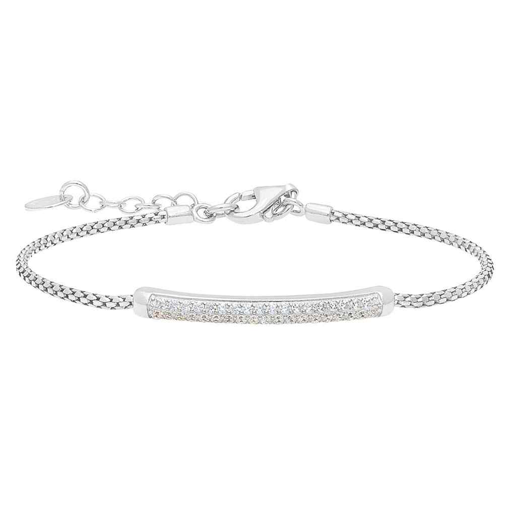 A rounded box chain bracelet with simulated diamond accented bar displayed on a neutral white background.