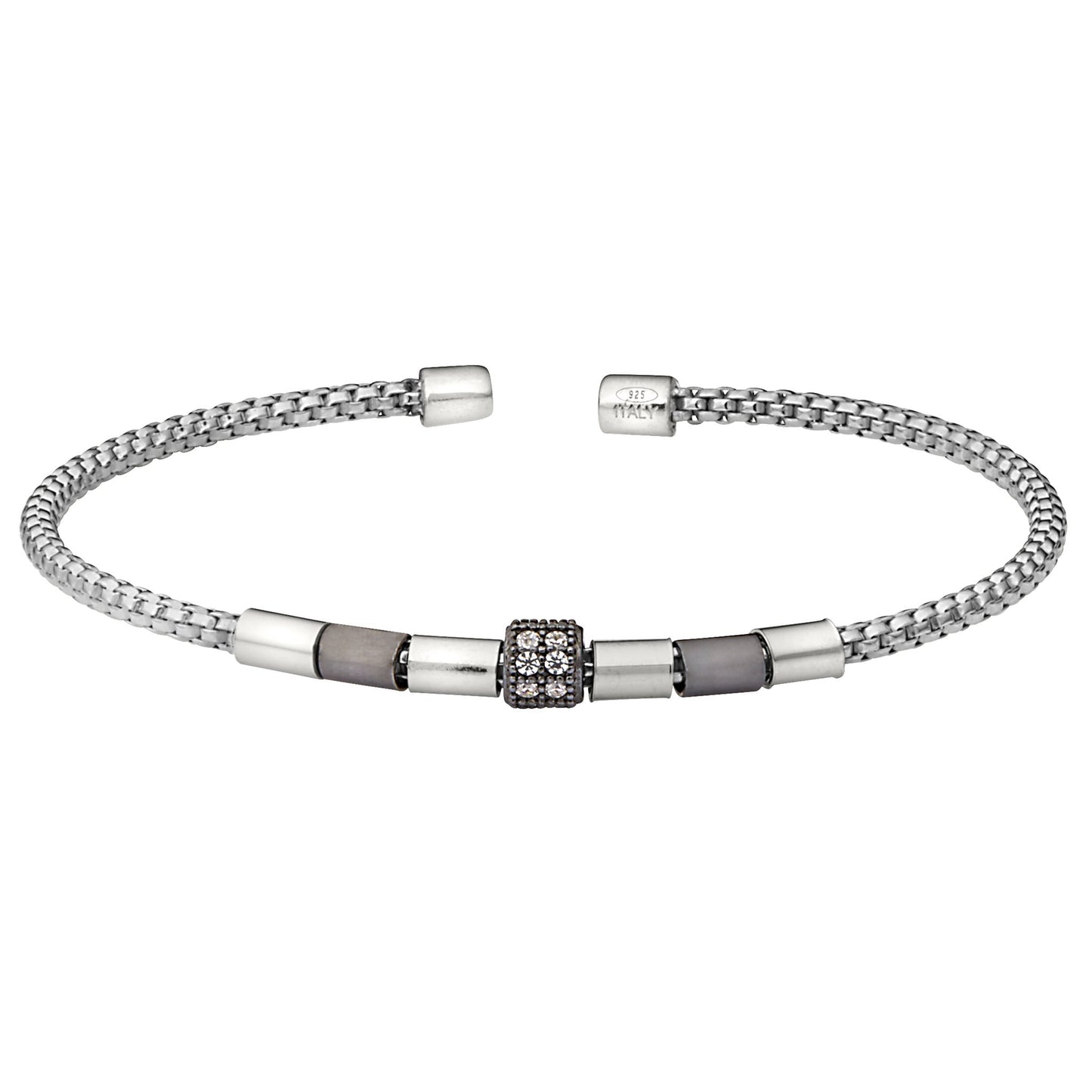 A rounded box link bracelet with black onyx beads and a simulated diamond barrel displayed on a neutral white background.