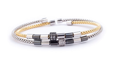 Rounded Box Link Bracelet with Black Onyx Beads and a Simulated Diamond Barrel