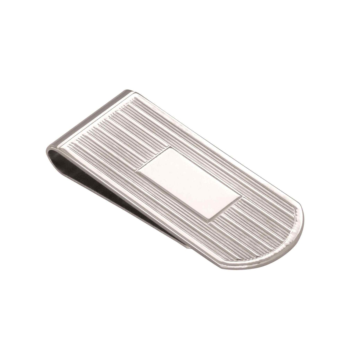 A rounded money clip with engravable center displayed on a neutral white background.