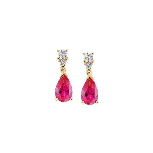 A ruby colored stone teardrop simulated diamond earrings displayed on a neutral white background.