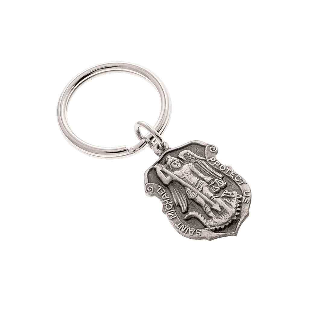 A saint michael key ring displayed on a neutral white background.