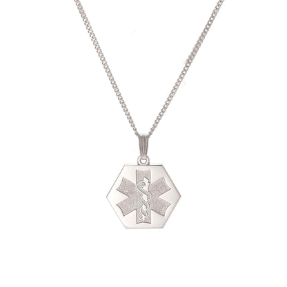 A sandblasted medical necklace displayed on a neutral white background.