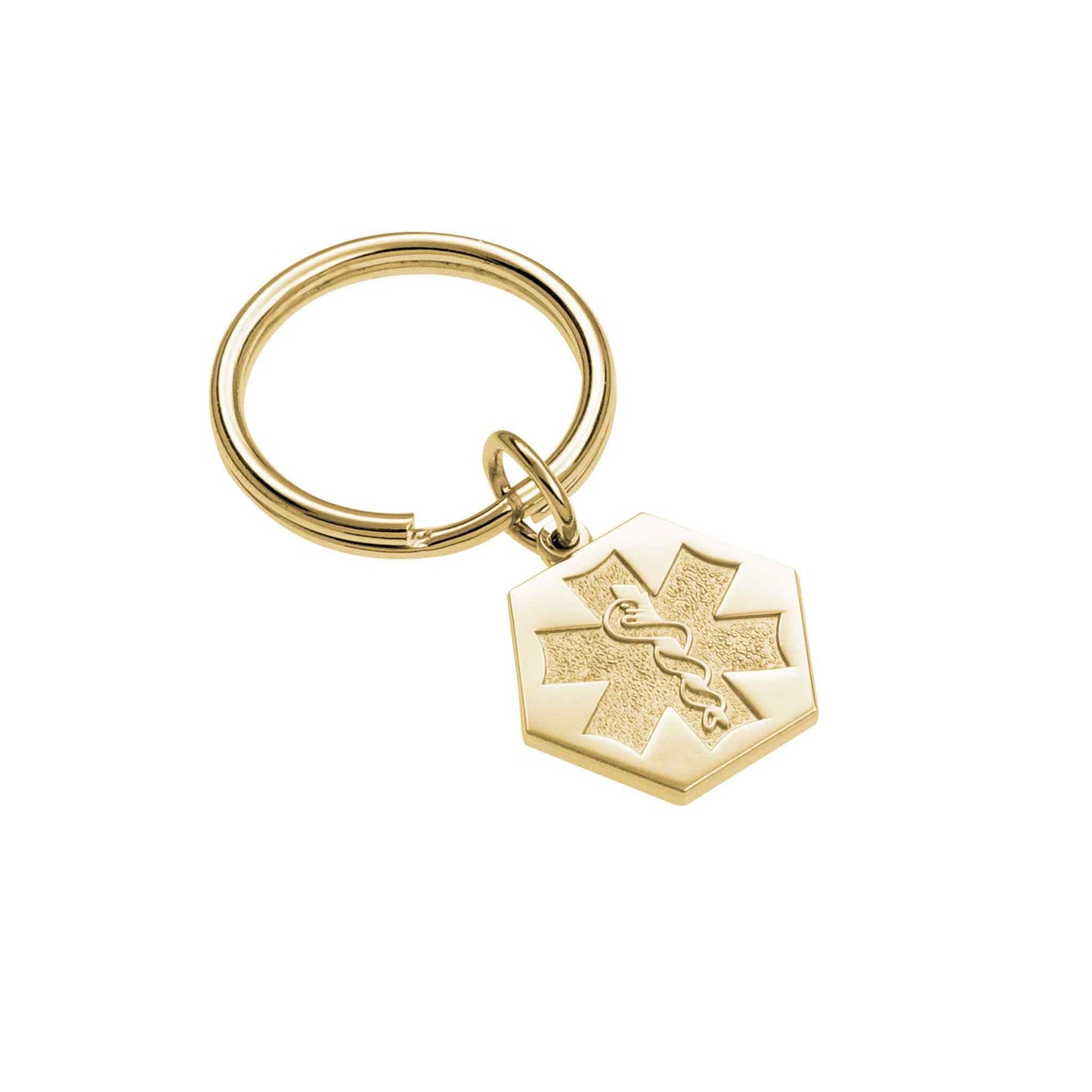 A sandblasted medical symbol key ring displayed on a neutral white background.