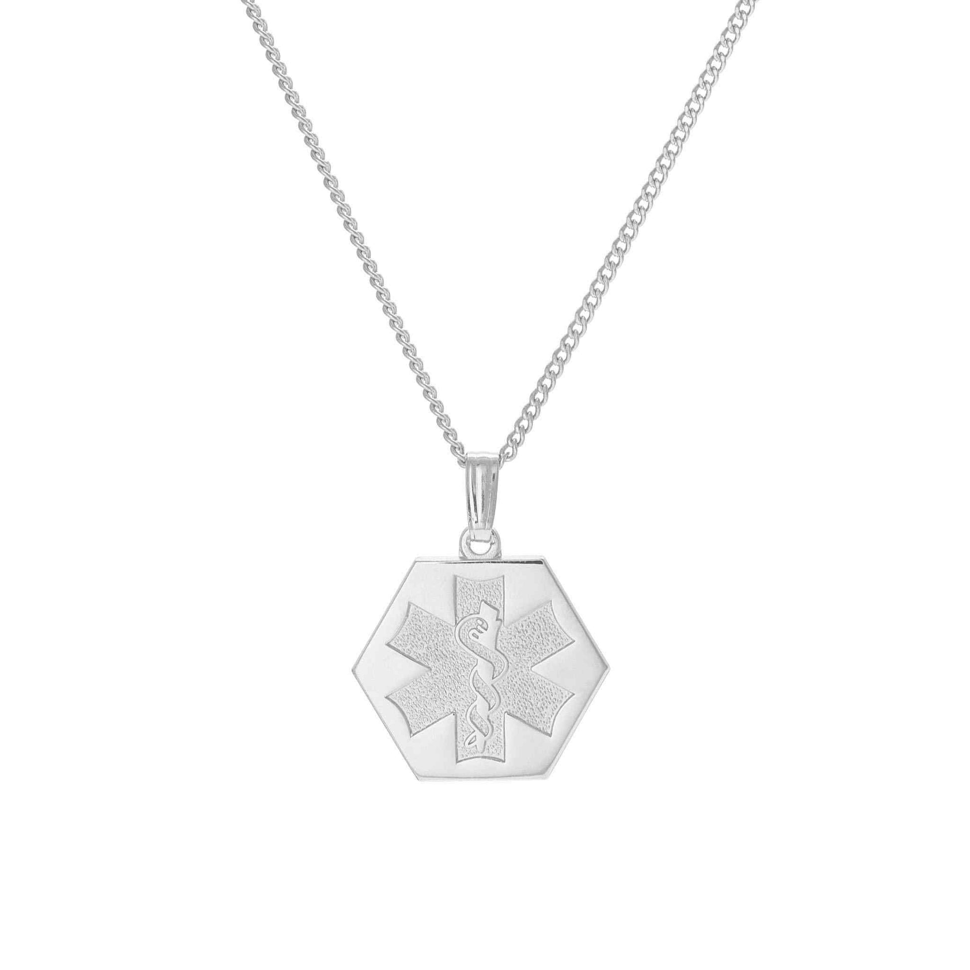 A sandblsted medical necklace displayed on a neutral white background.