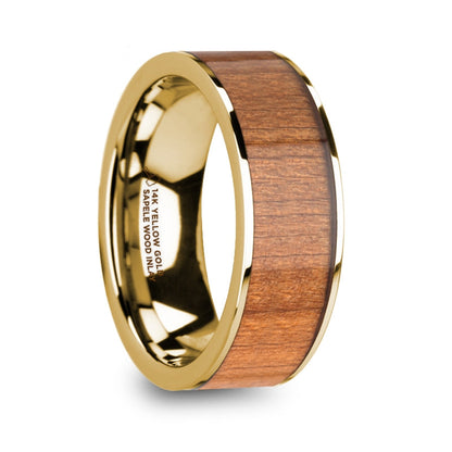 Sapele Wood Inlay 14k Yellow Gold Men's Wedding Band