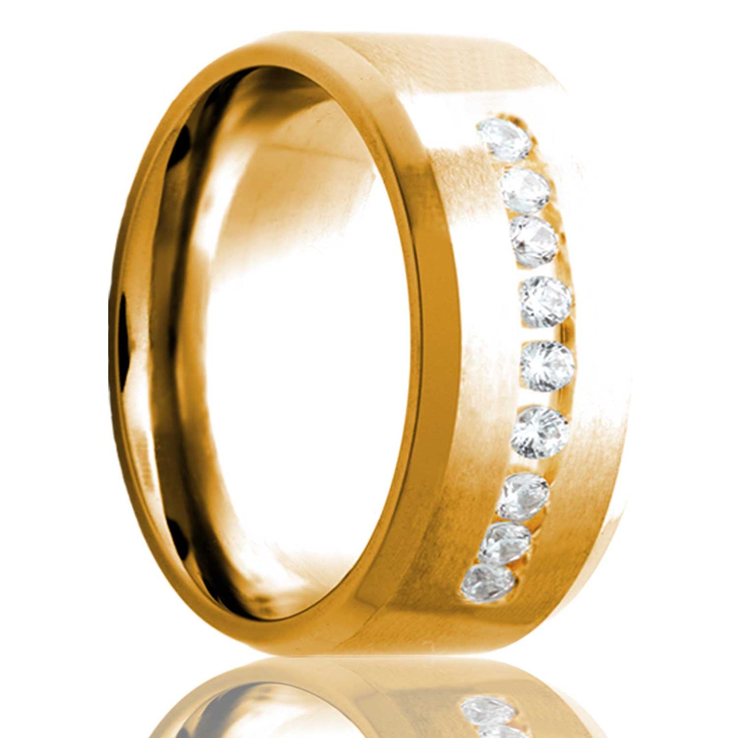 Satin Finish 14k Gold Wedding Band with Beveled Edges & Nine Diamonds