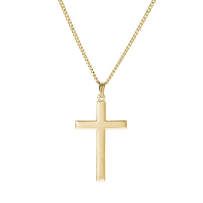 A satin finish cross necklace displayed on a neutral white background.