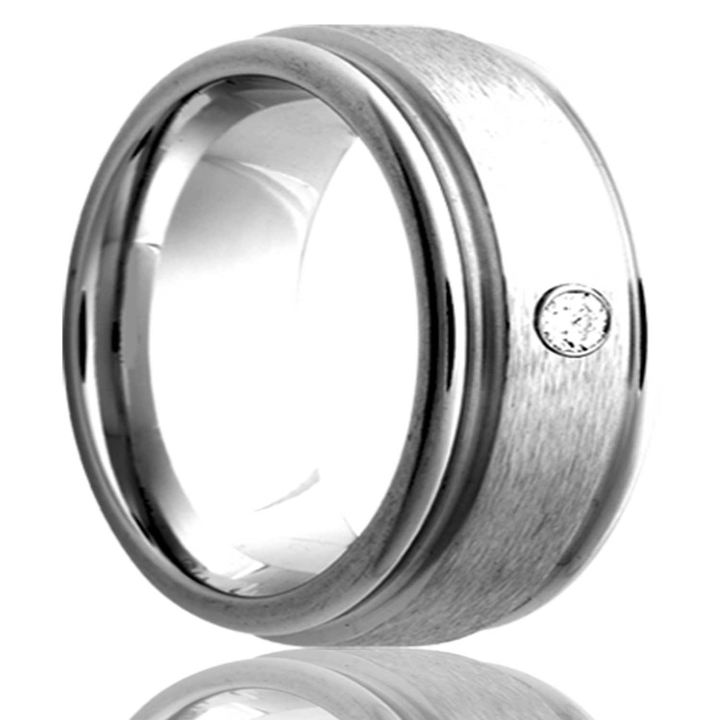 A satin finish grooved cobalt wedding band with diamond displayed on a neutral white background.