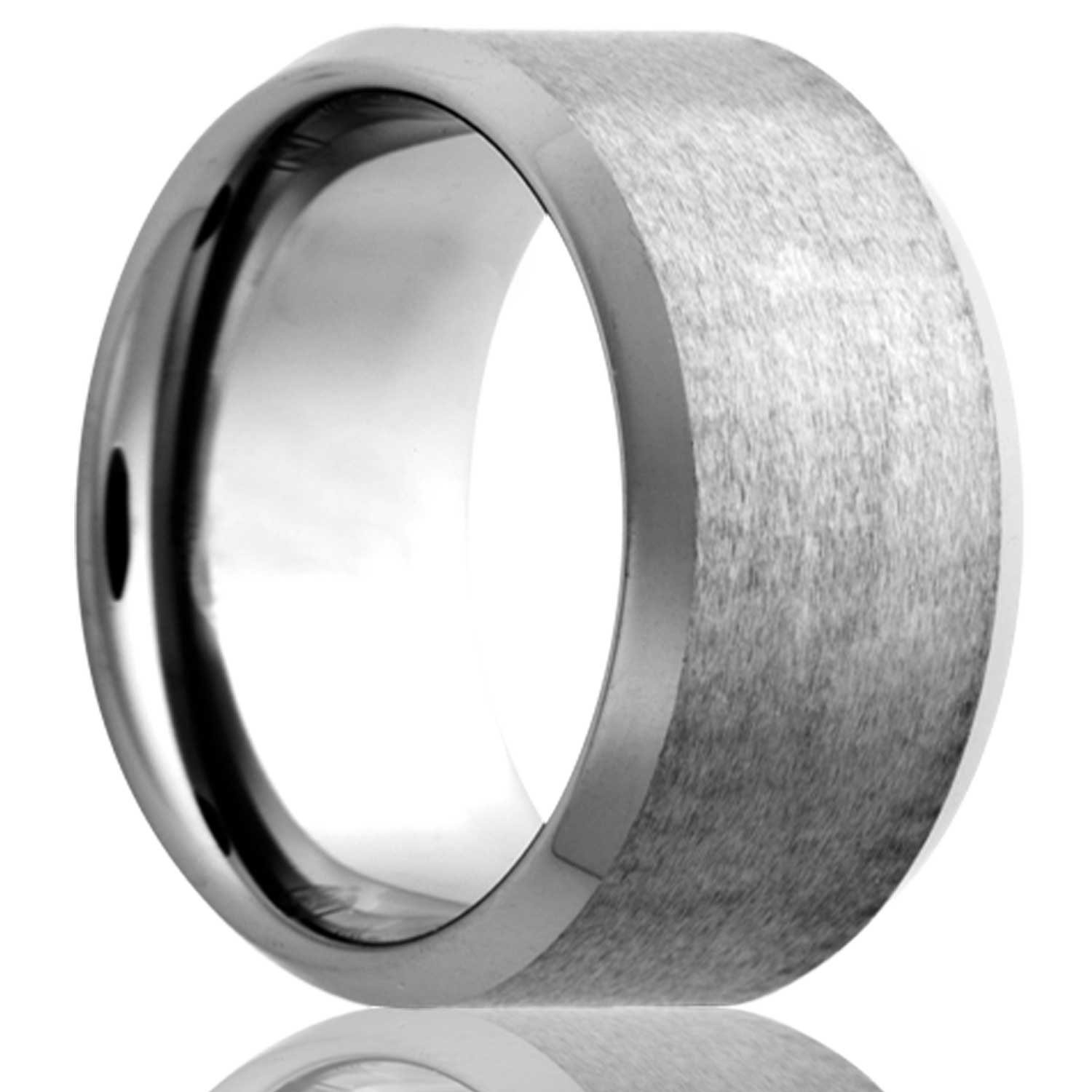 A tungsten wedding band with satin finish & beveled edges displayed on a neutral white background.