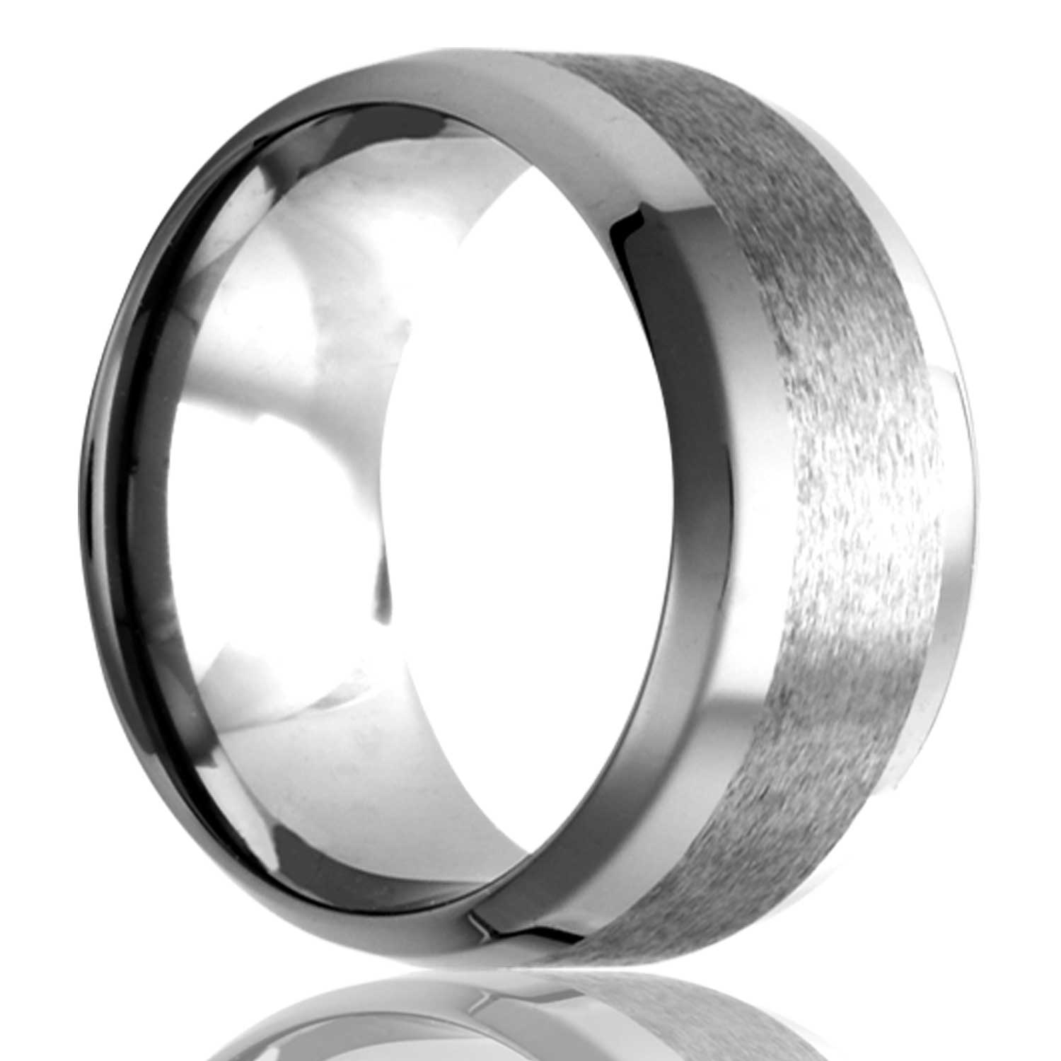 A satin finish tungsten wedding band with beveled polished edges displayed on a neutral white background.