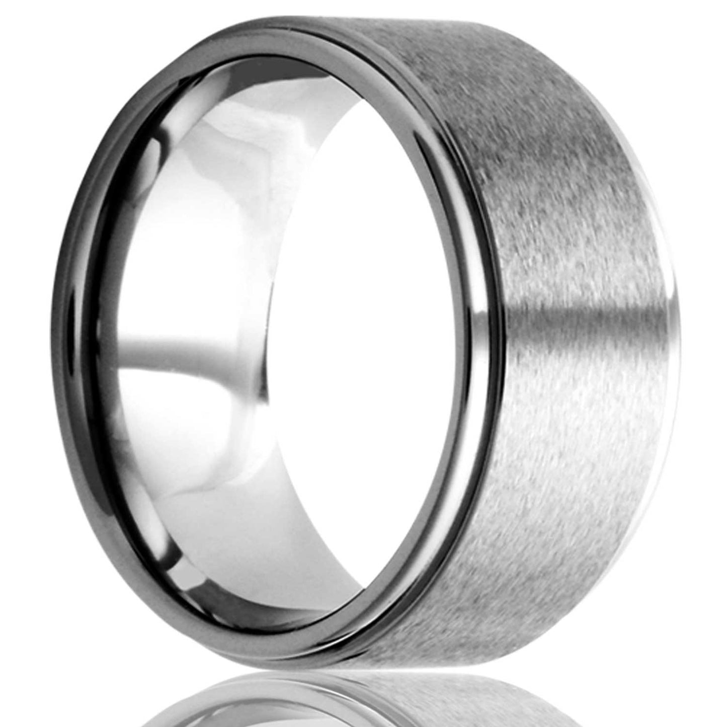 A satin finish tungsten wedding band with stepped edges displayed on a neutral white background.