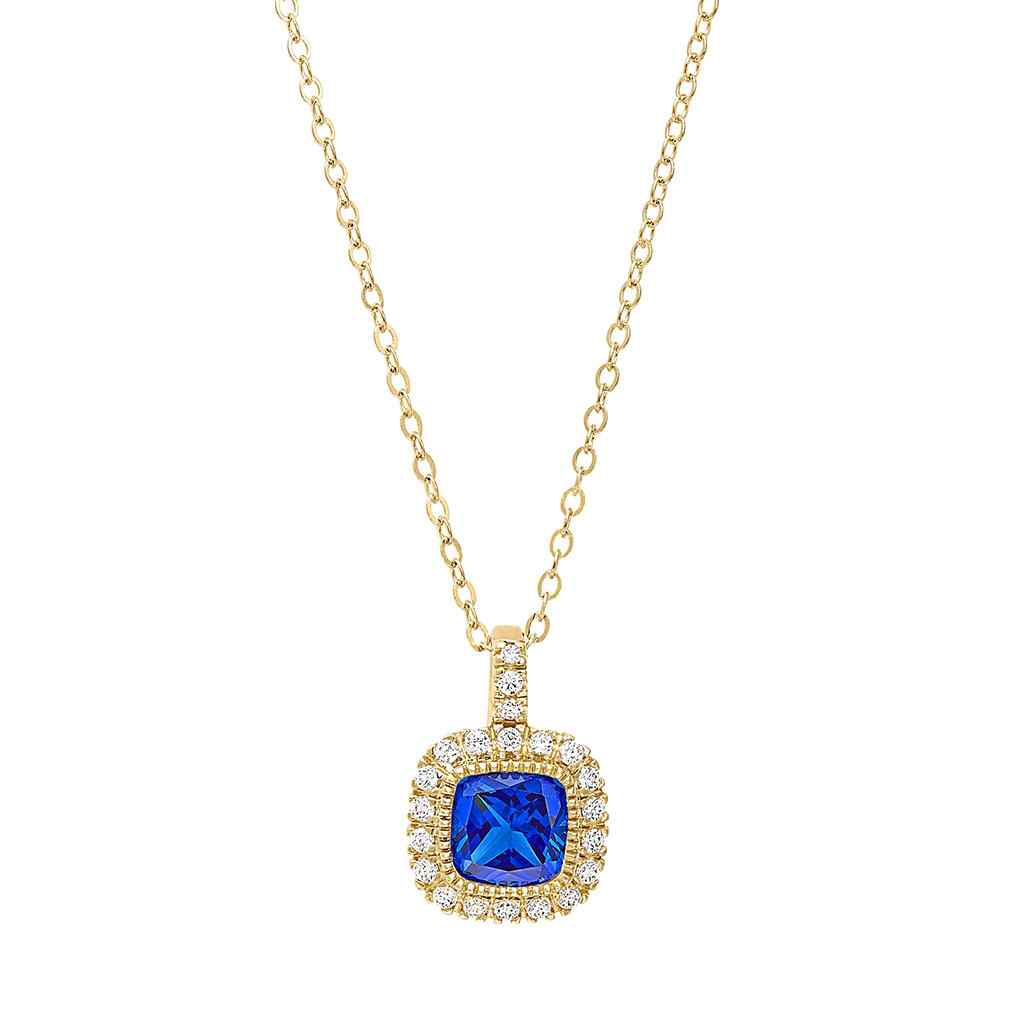 A cushion birthstone necklace with simulated diamonds displayed on a neutral white background.