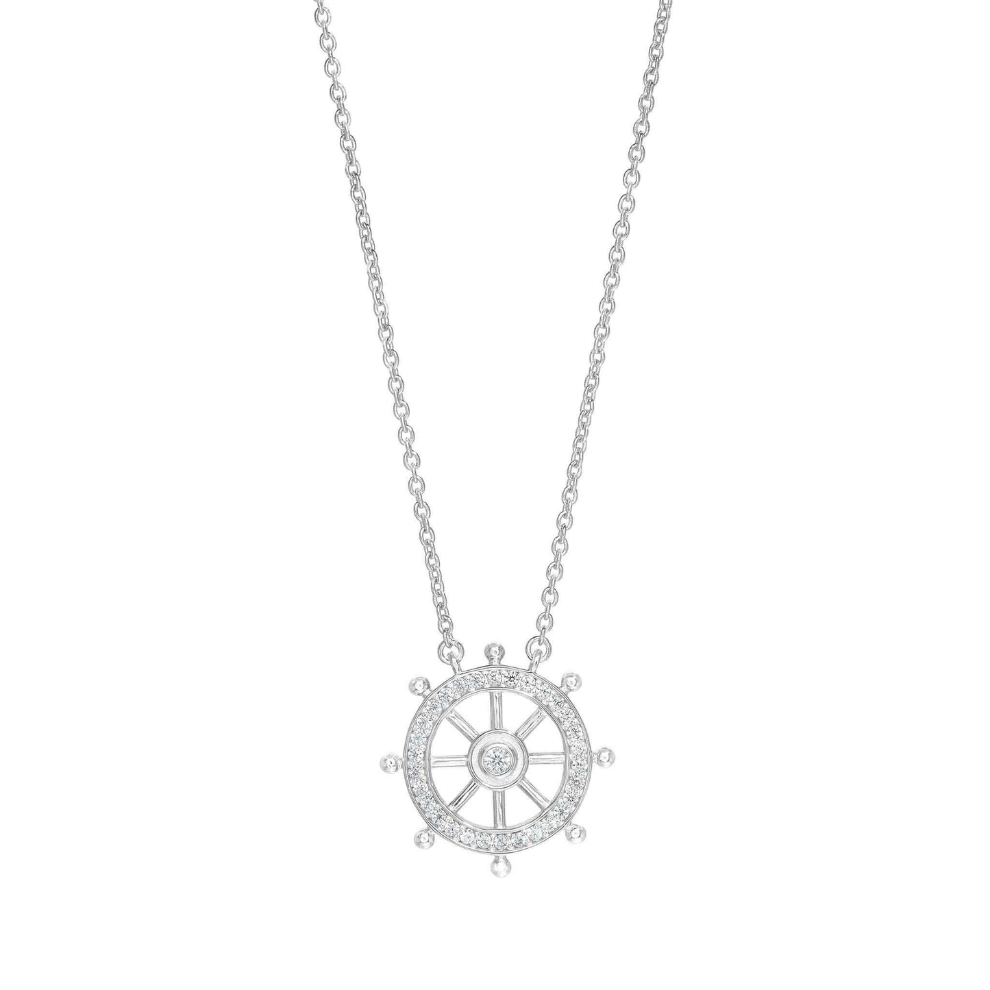 A ship's wheel necklace with simulated diamonds displayed on a neutral white background.