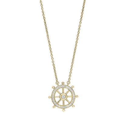 A ship's wheel necklace with simulated diamonds displayed on a neutral white background.