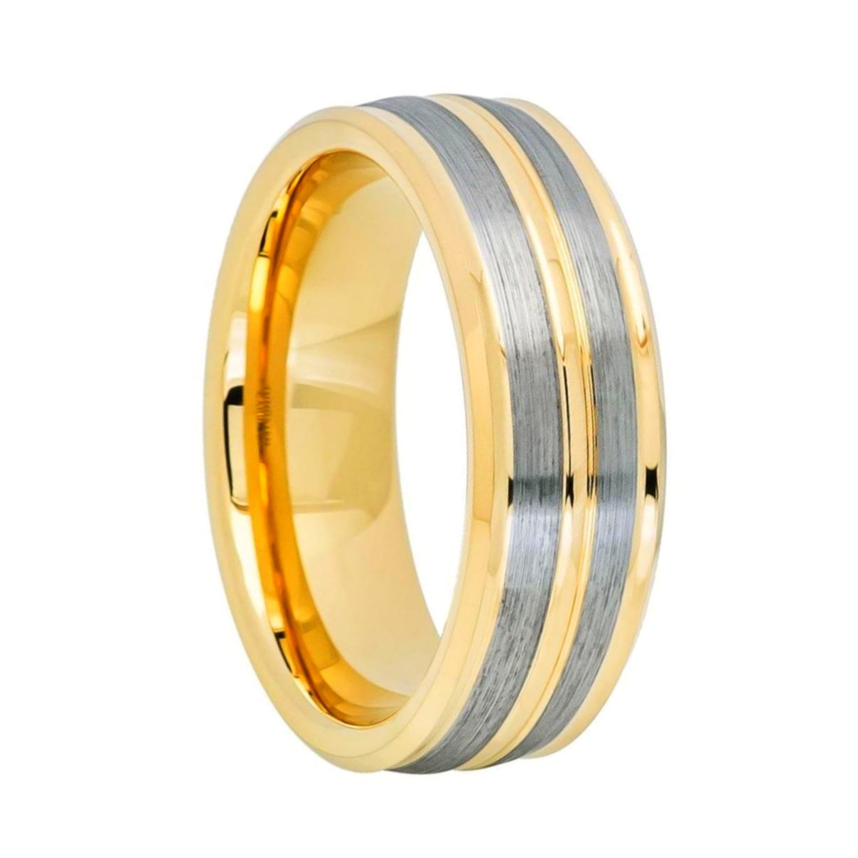 Silver Grooved Gold Tungsten Couple's Matching Wedding Band Set