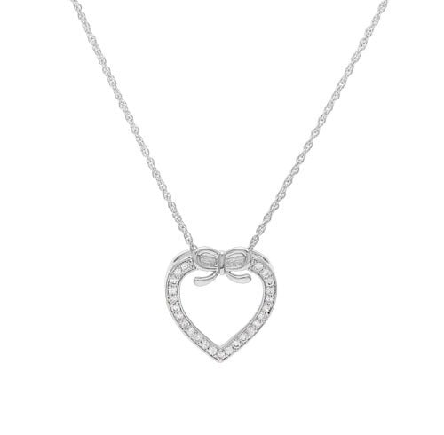 A silver heart with bow necklace with simulated diamonds displayed on a neutral white background.