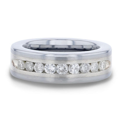 Silver Inlaid Tungsten Carbide Men's Wedding Band with 0.9 ctw Channel Set Diamonds