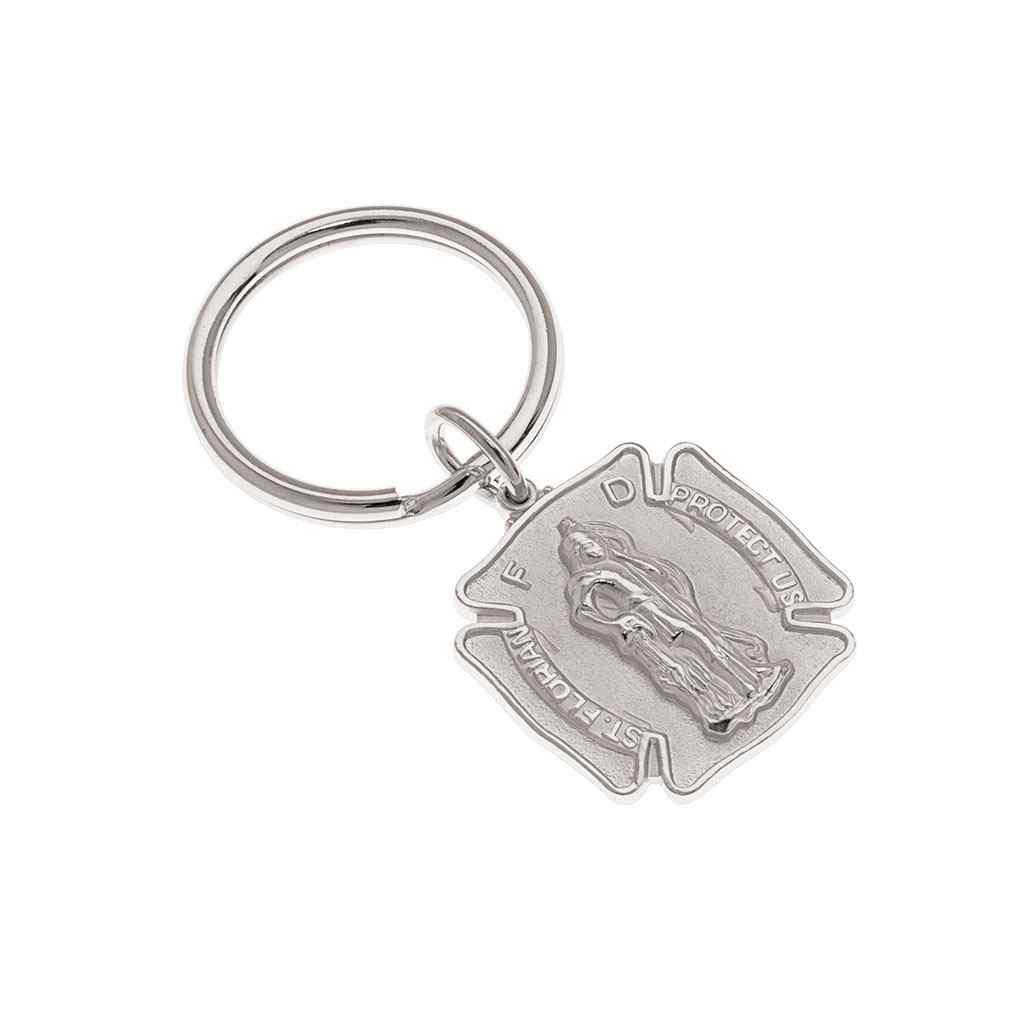 A silver saint florian key ring displayed on a neutral white background.