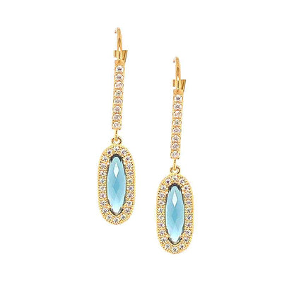 A simulated blue topaz & diamonds oblong earrings displayed on a neutral white background.