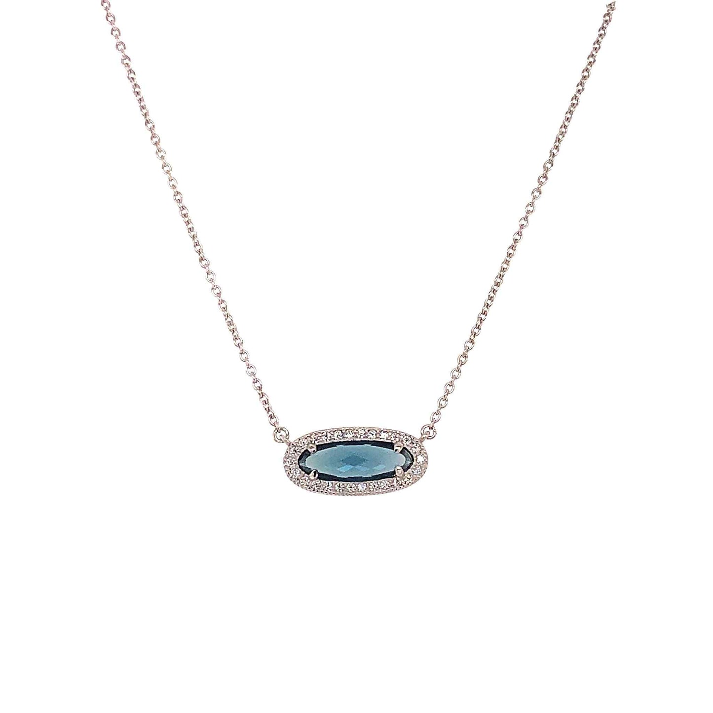 A simulated blue topaz & diamonds oblong necklace displayed on a neutral white background.