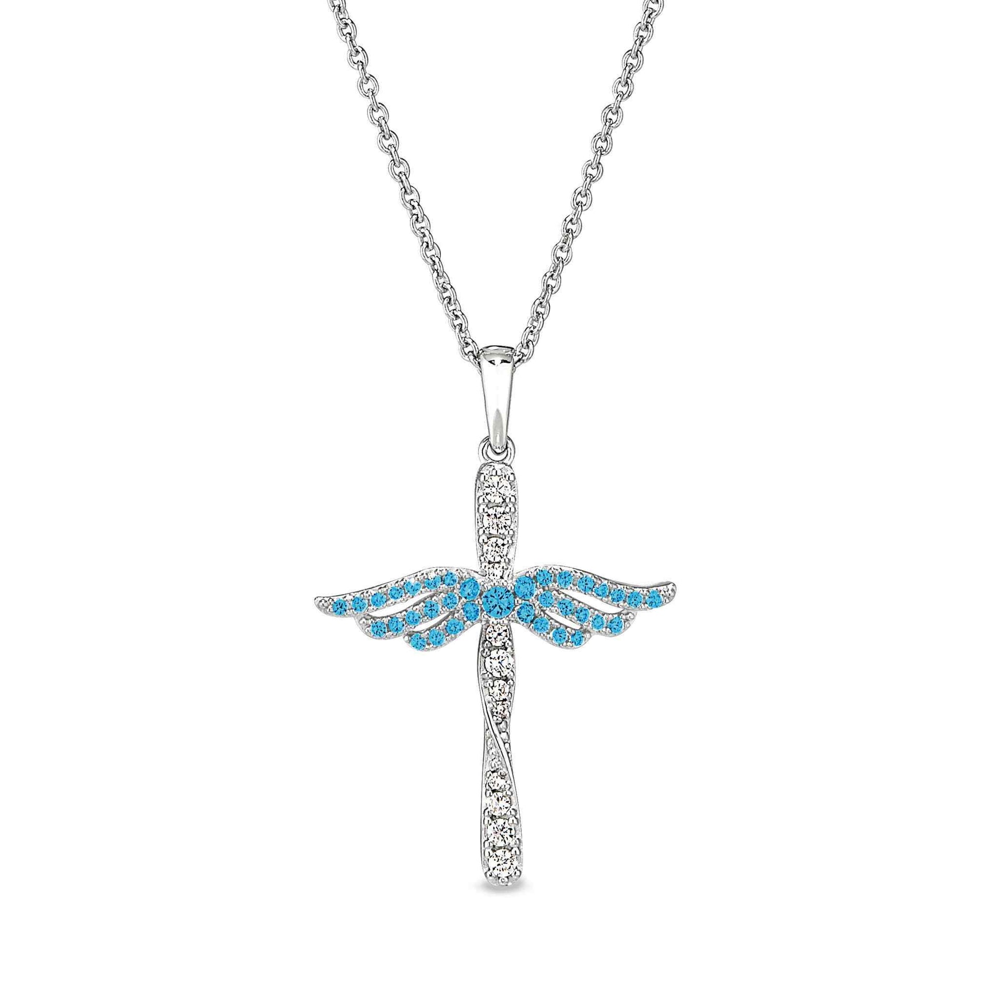 A simulated gemstone & diamonds cross with angel wings displayed on a neutral white background.