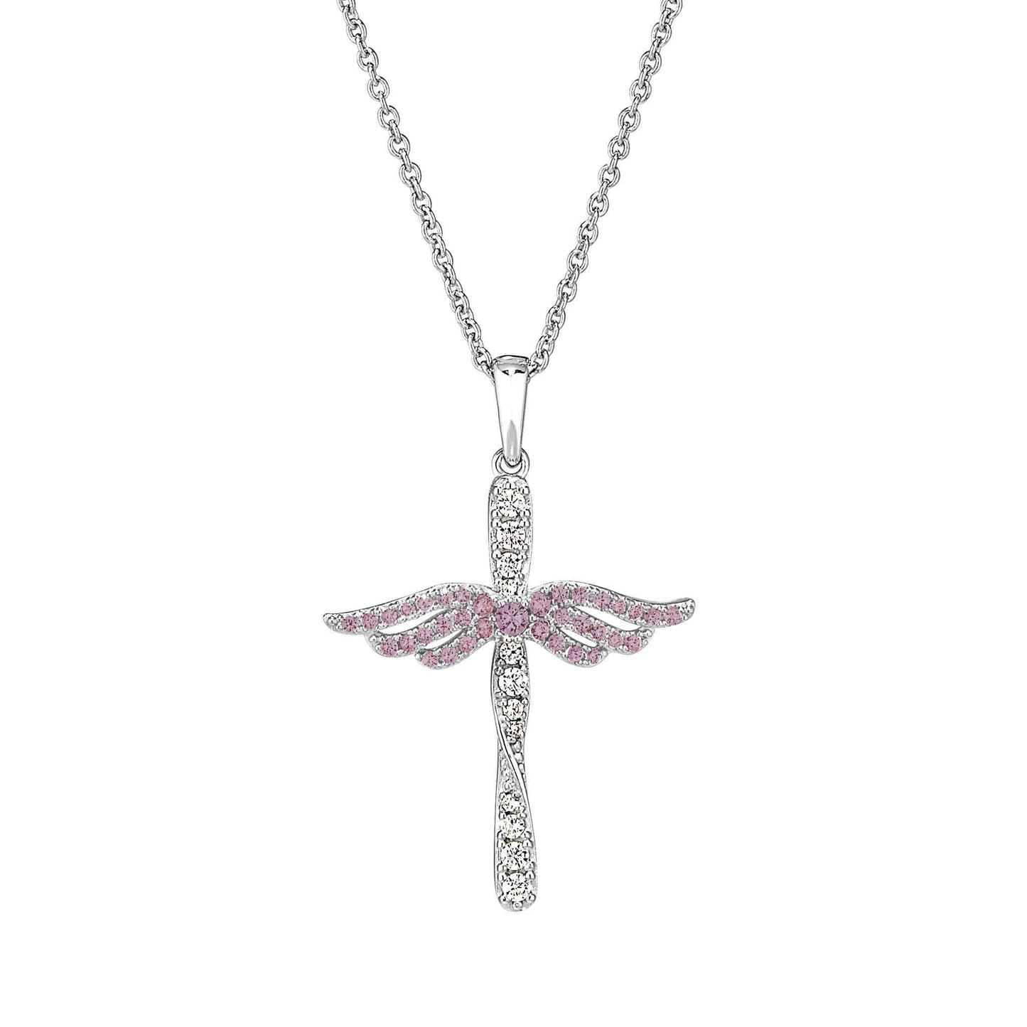 A simulated gemstone & diamonds cross with angel wings displayed on a neutral white background.