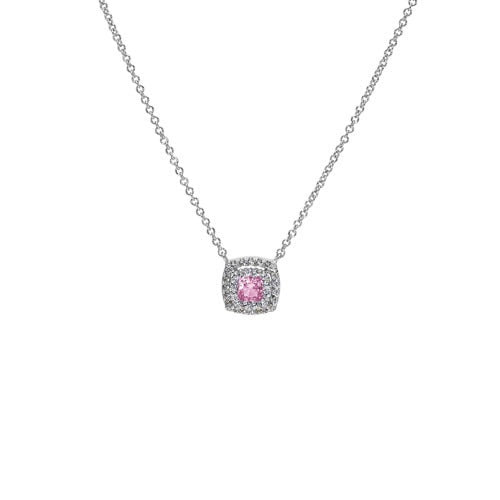 A simulated pink gemstone & diamond necklace displayed on a neutral white background.