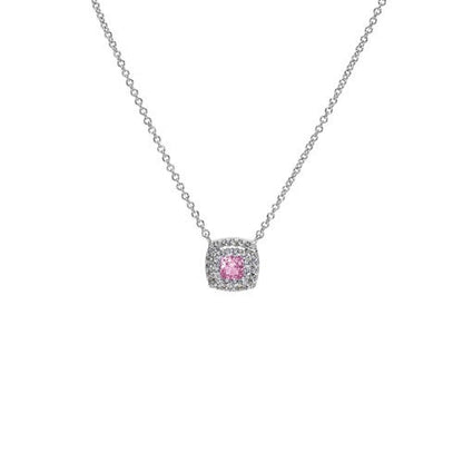 A simulated pink gemstone & diamond necklace displayed on a neutral white background.