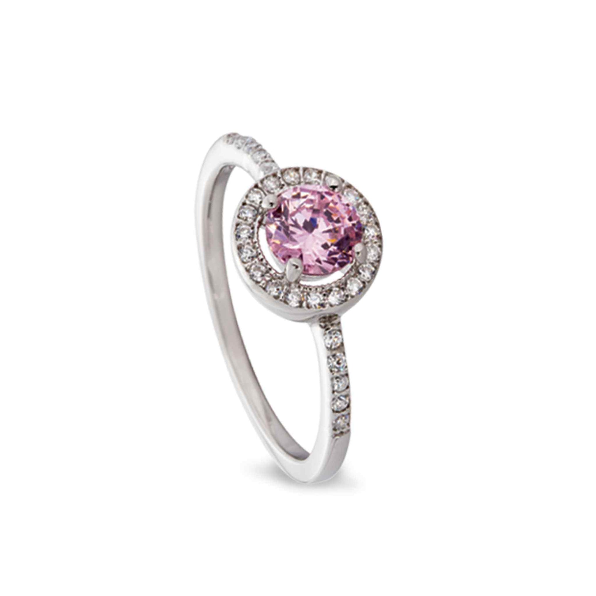 A simulated pink sapphire ring with simulated diamonds displayed on a neutral white background.