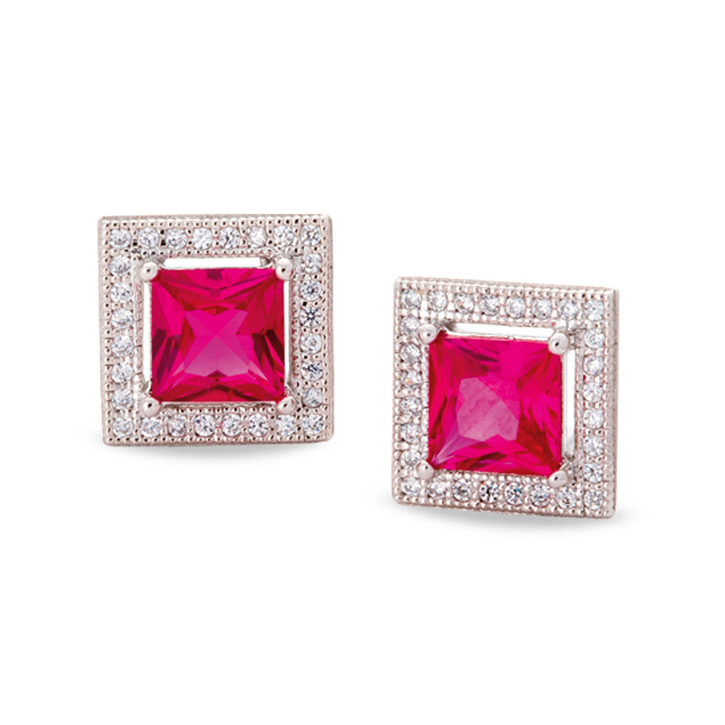 A simulated ruby princess cut earrings with 58 simulated diamonds displayed on a neutral white background.