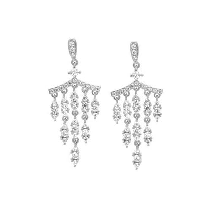 A small chandelier simulated diamond earrings displayed on a neutral white background.