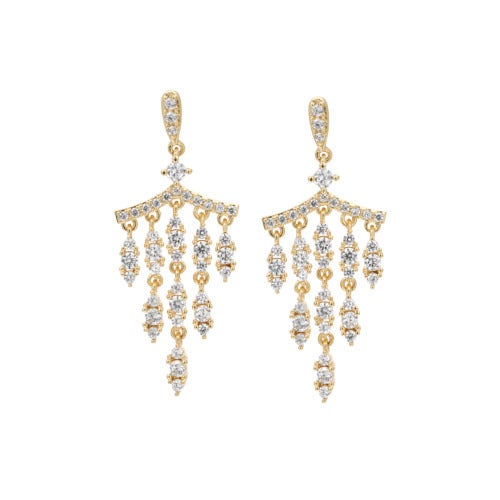 A small chandelier simulated diamond earrings displayed on a neutral white background.