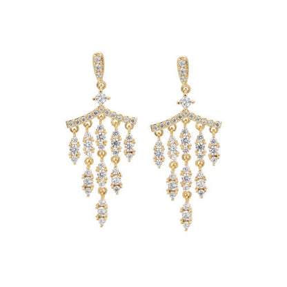 A small chandelier simulated diamond earrings displayed on a neutral white background.