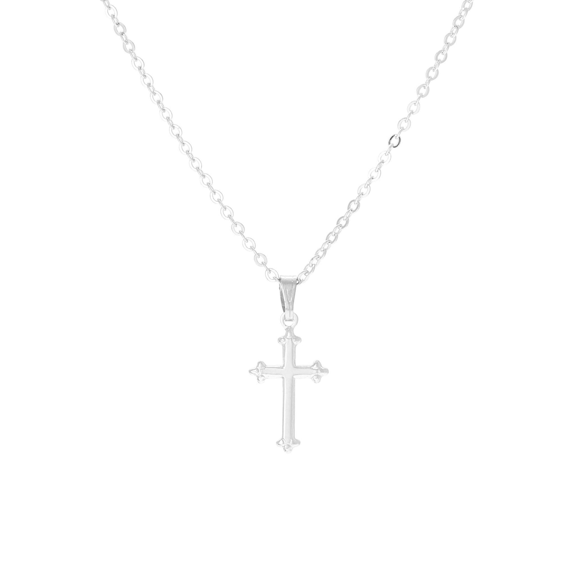 A small plain cross with beaded ends displayed on a neutral white background.
