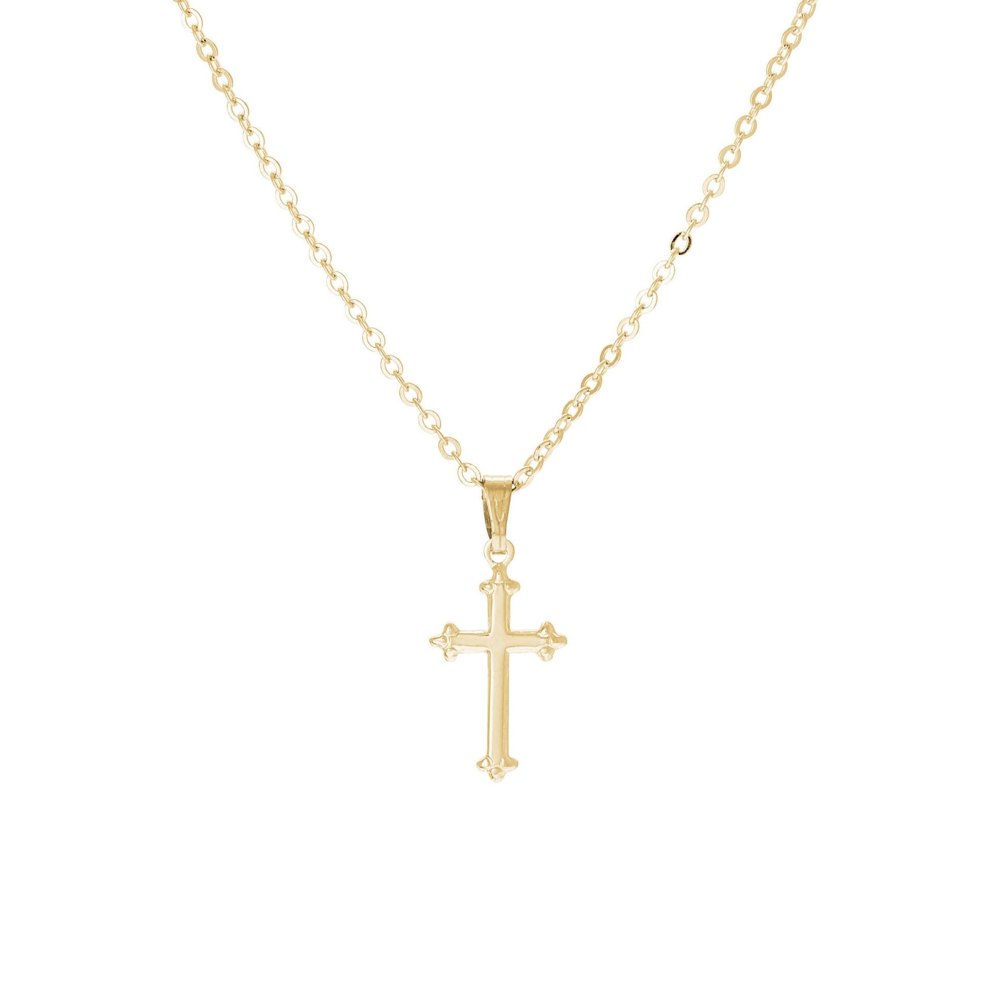 A small plain cross with beaded ends displayed on a neutral white background.