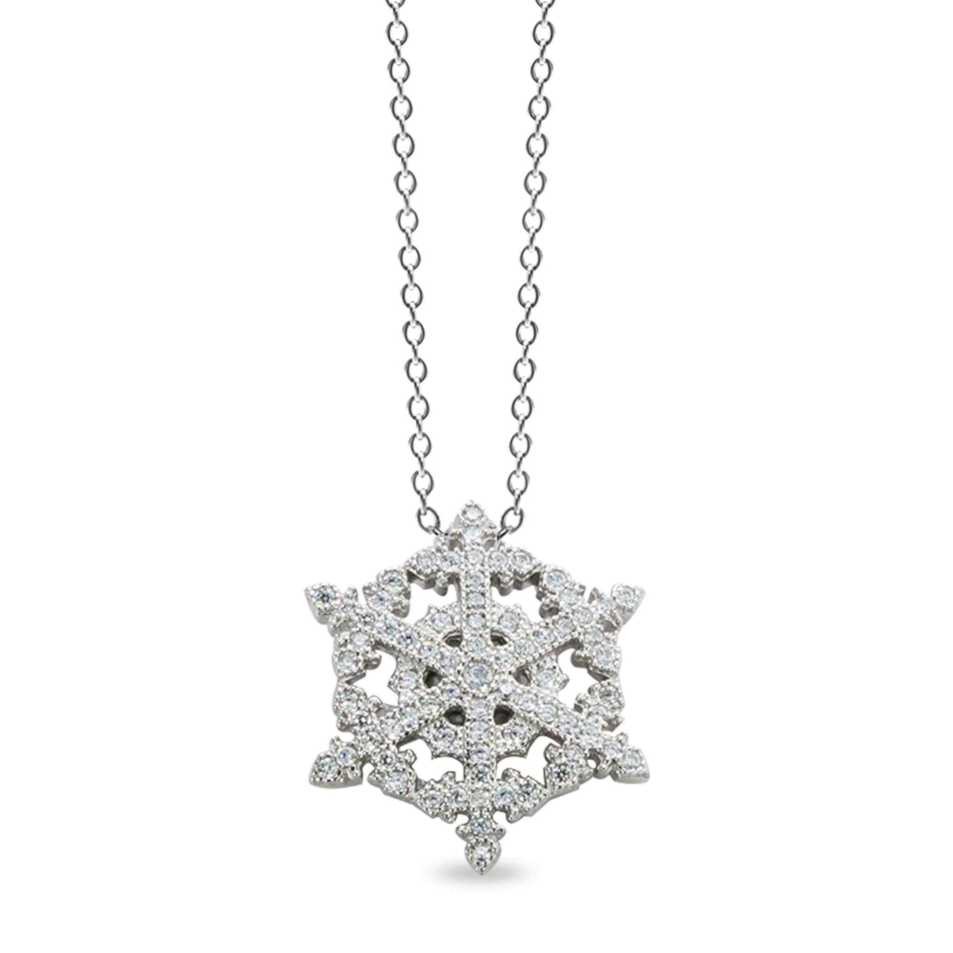 A small wheel shaped snowflake pendant with 73 simulated diamonds displayed on a neutral white background.
