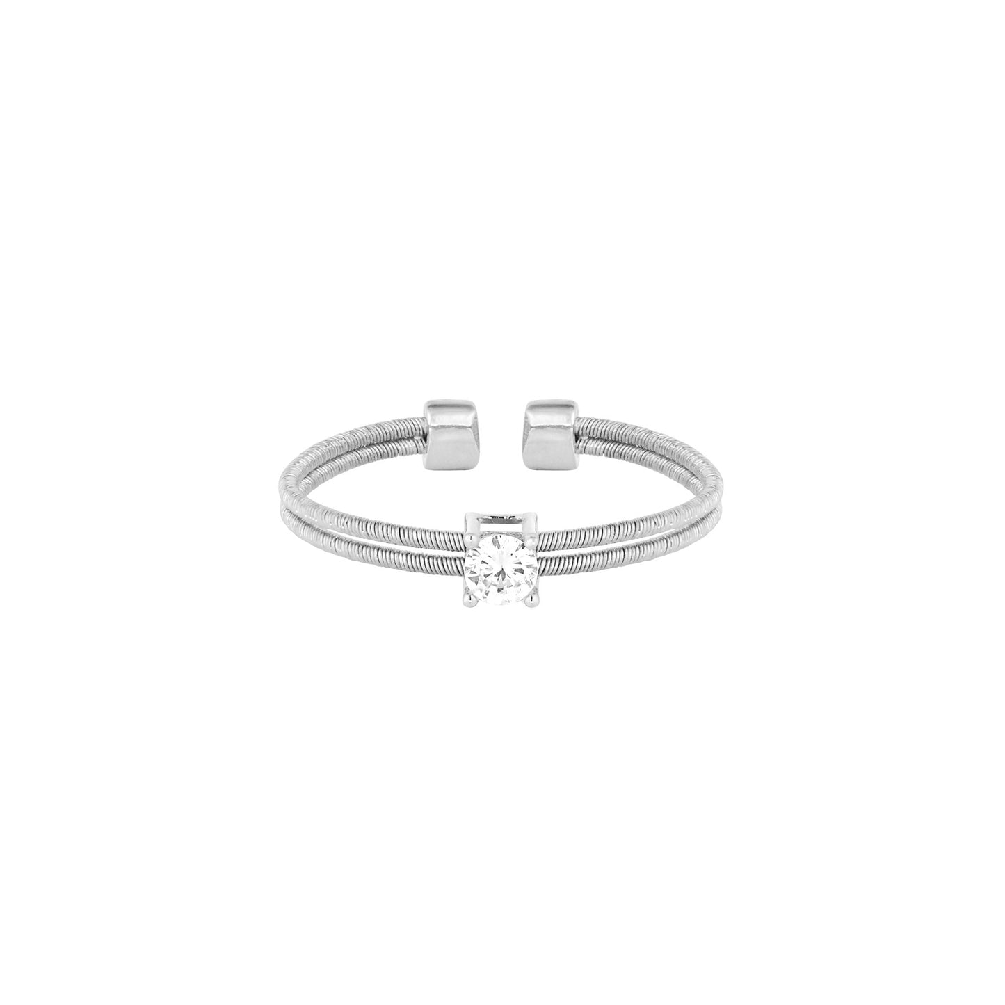 A solitaire flexible cable ring with simulated diamond displayed on a neutral white background.