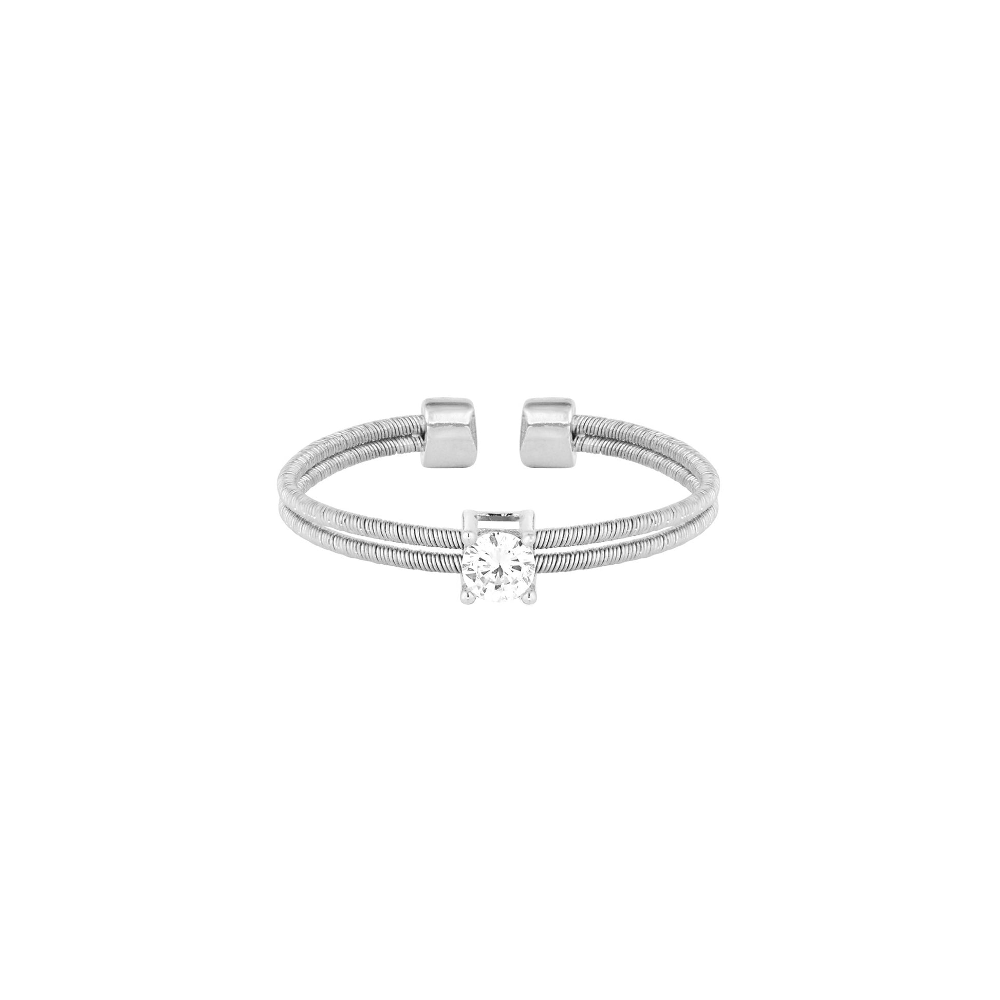 A solitaire flexible cable ring with simulated diamond displayed on a neutral white background.
