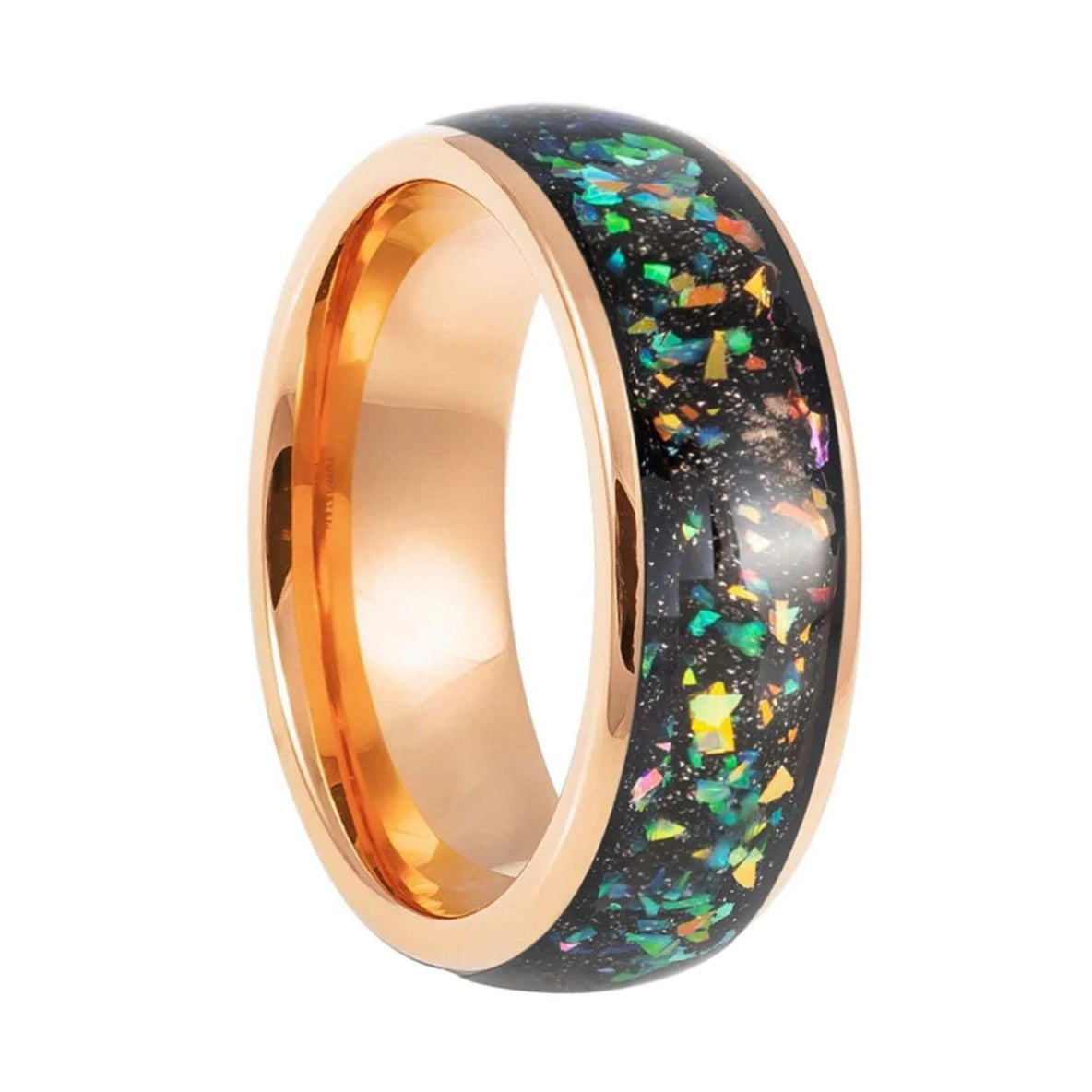 Sparkling Opal & Abalone Black Inlay Rose Gold Tungsten Men's Wedding Band